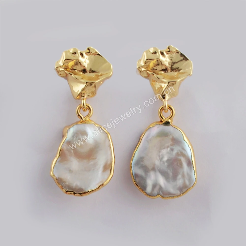 

G1780 Real Gold plated fresh water pearl earrings Natural freefrom pearl statement earrings for women