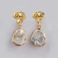 

G1780 Real Gold plated fresh water pearl earrings Natural freefrom pearl statement earrings for women