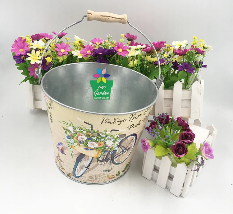 Cheap Metal Bucket Decal Logo Galvanized Steel Flower Bucket Decor