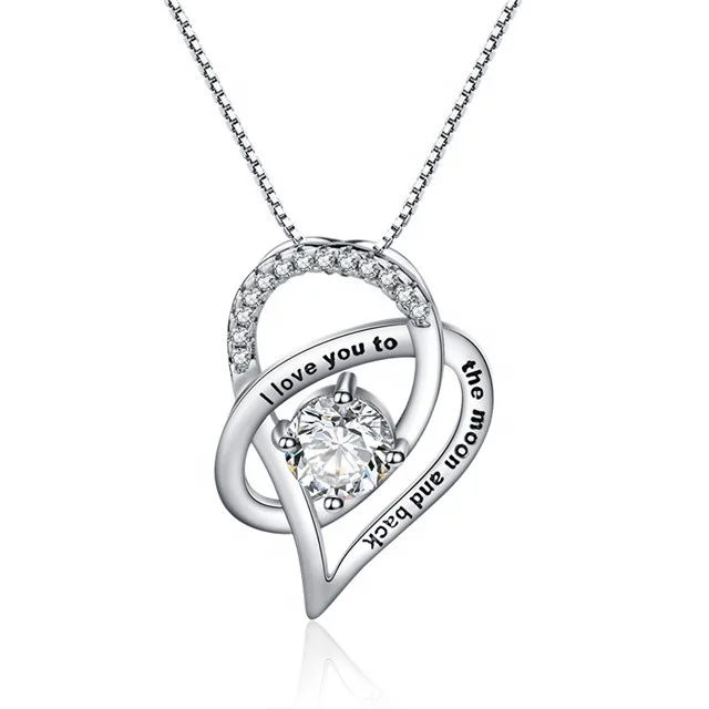 

New Genuine Crystal Double Heart Pendant Necklace With 0.3ct Crystal Pure Silver Jewelry for Women Gift