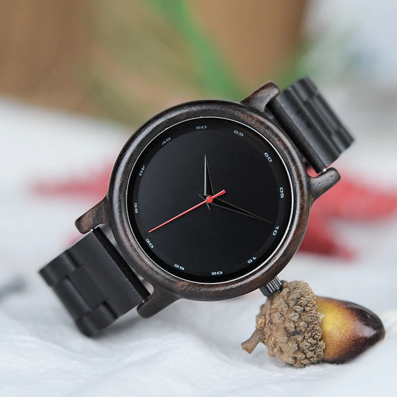BOBO BIRD China manufacturer luxury custom logo black ebony erkek wooden wrist watch with red second pointer