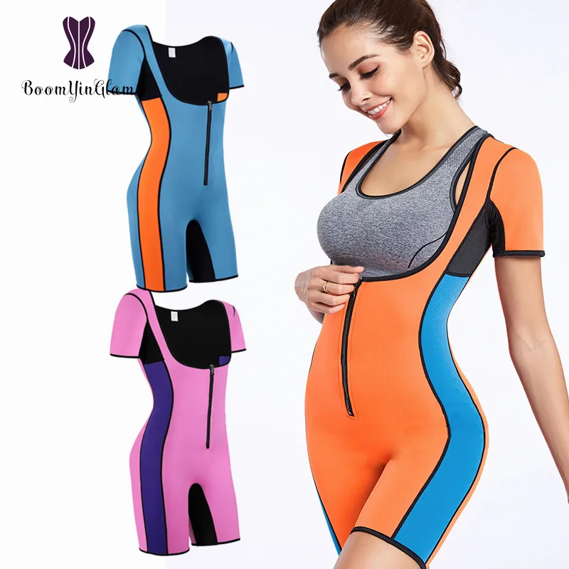 

2018 Women Full Body Shaper Sport Sweat Neoprene Suit Waist Trainer Bodysuit with Sleeves For Weight Loss, Blue;orange;pink