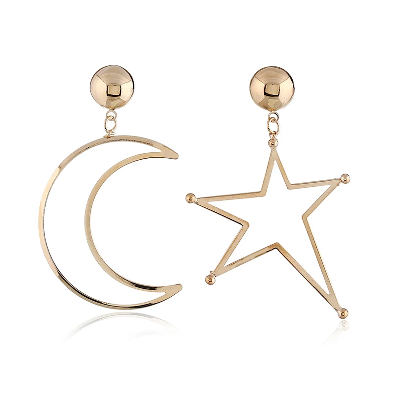 

Simple Exaggerate Asymmetry Moon And Star Big Hiphop Punk Stylish Jewelry Earrings For Women, Gold/silver