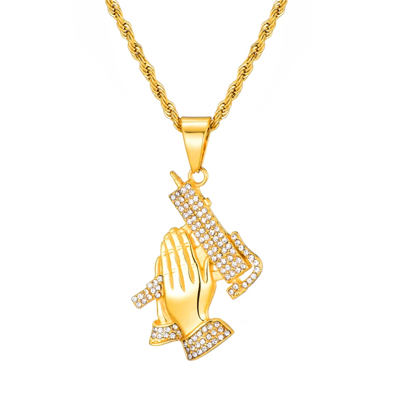 

2019 MJ Jewelry Stainless Steel Gold Plated Pray Hand Necklace Pendant