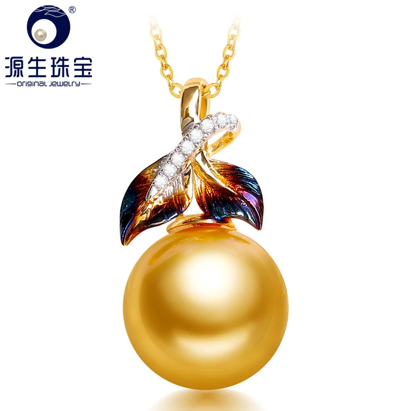 

11-12 mm Golden South Sea Pearl Pendant 14k Real Yellow Gold Leaf Pendant