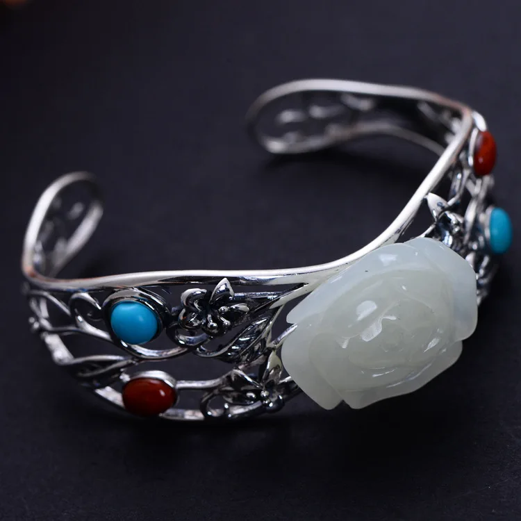 

YQ09 Natural Turquoise Lapis Lazuli hetian jade and Blue Topaz Handmade Unique 925 Sterling Silver Bracelet, White