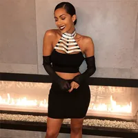 

High Quality Two Sets Black Long Sleeve Off The Shoulder Rayon Bandage Cocktail Party Dress