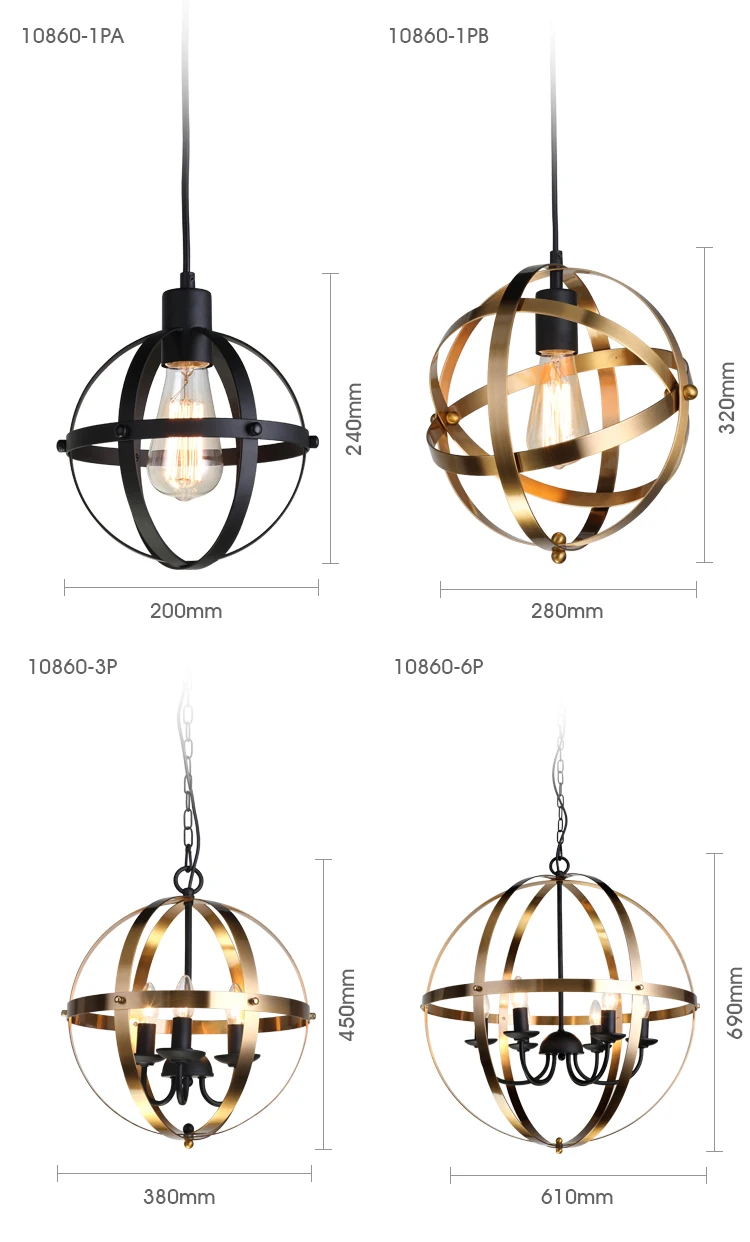 Industrial gold and bronze Spherical Pendant Displays Changeable Hanging Lighting Fixture