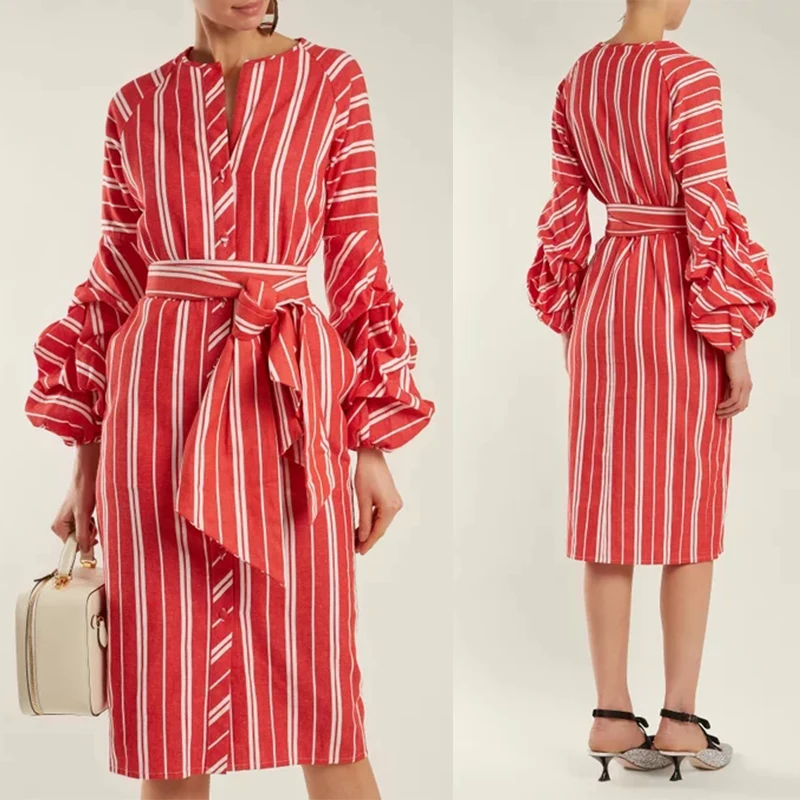 

2018 Women Clothes Gathered Bell Sleeves Striped Midi Design Fashion Dresses For Women 2018, Red and white, or custom colors