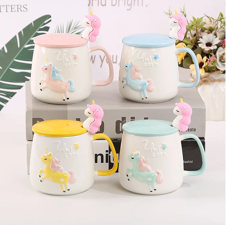 

cartoon 3d unicorn shape creative hand color embossed ceramic coffee mug set for kids with lid and spoon, Customized promotional mug