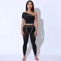 

wholesale prom black fitness gym yoga jogging one shoulder crop top sports wear leggings set