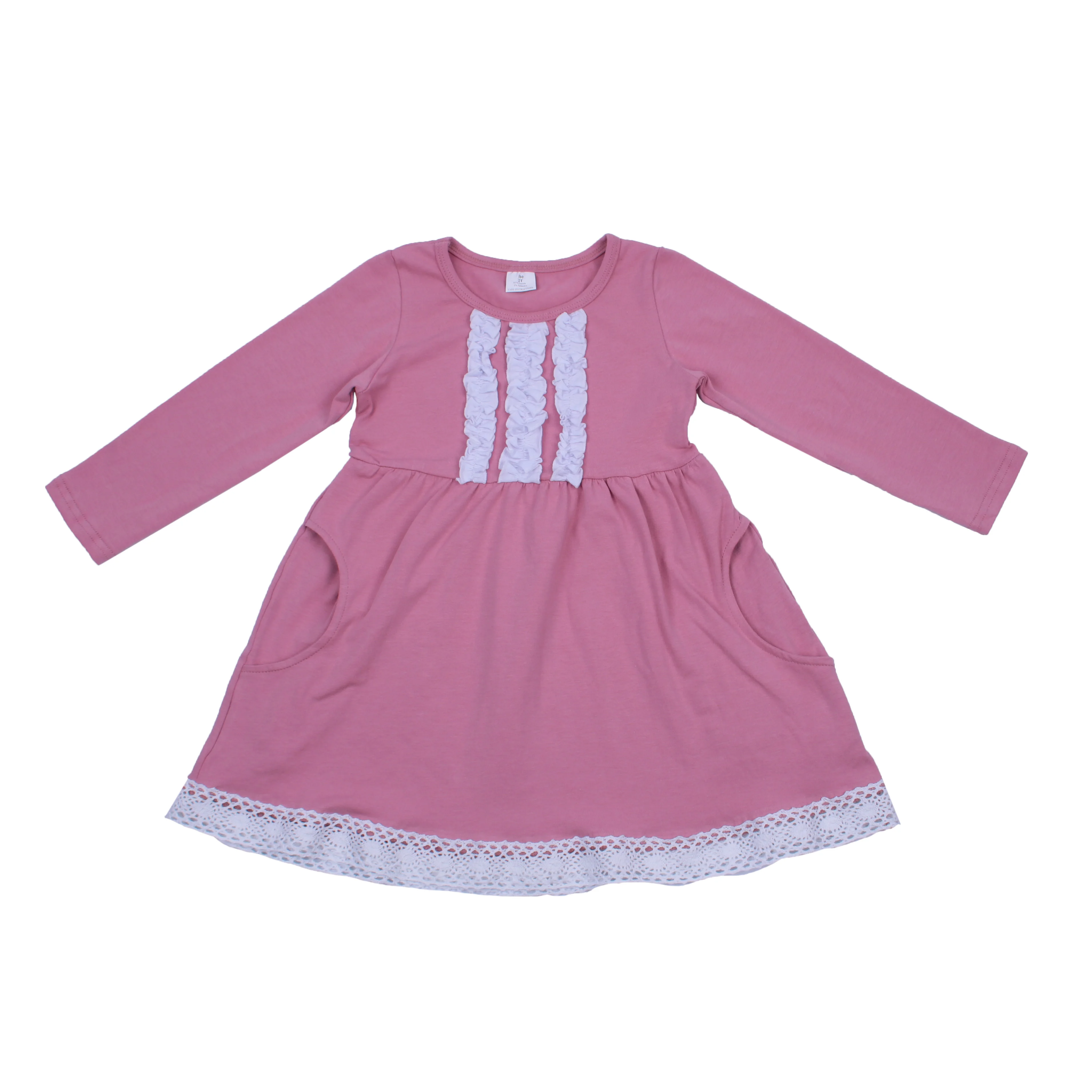 

Newest design fashion girls dress pocket lace long sleeve baby party dress pink lovely baby dress, Picture