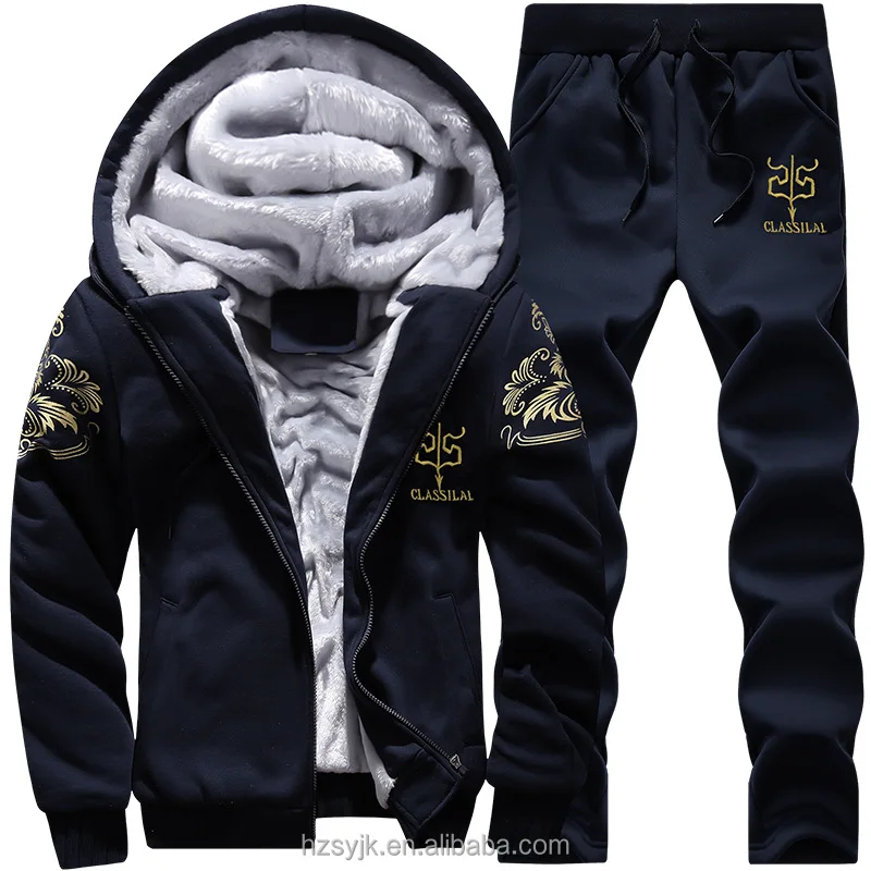 Men Thick Inner Winter Coat Jacket Outwear Fleece Slim Windbreaker Tracksuit 2pc velvet tracksuit men