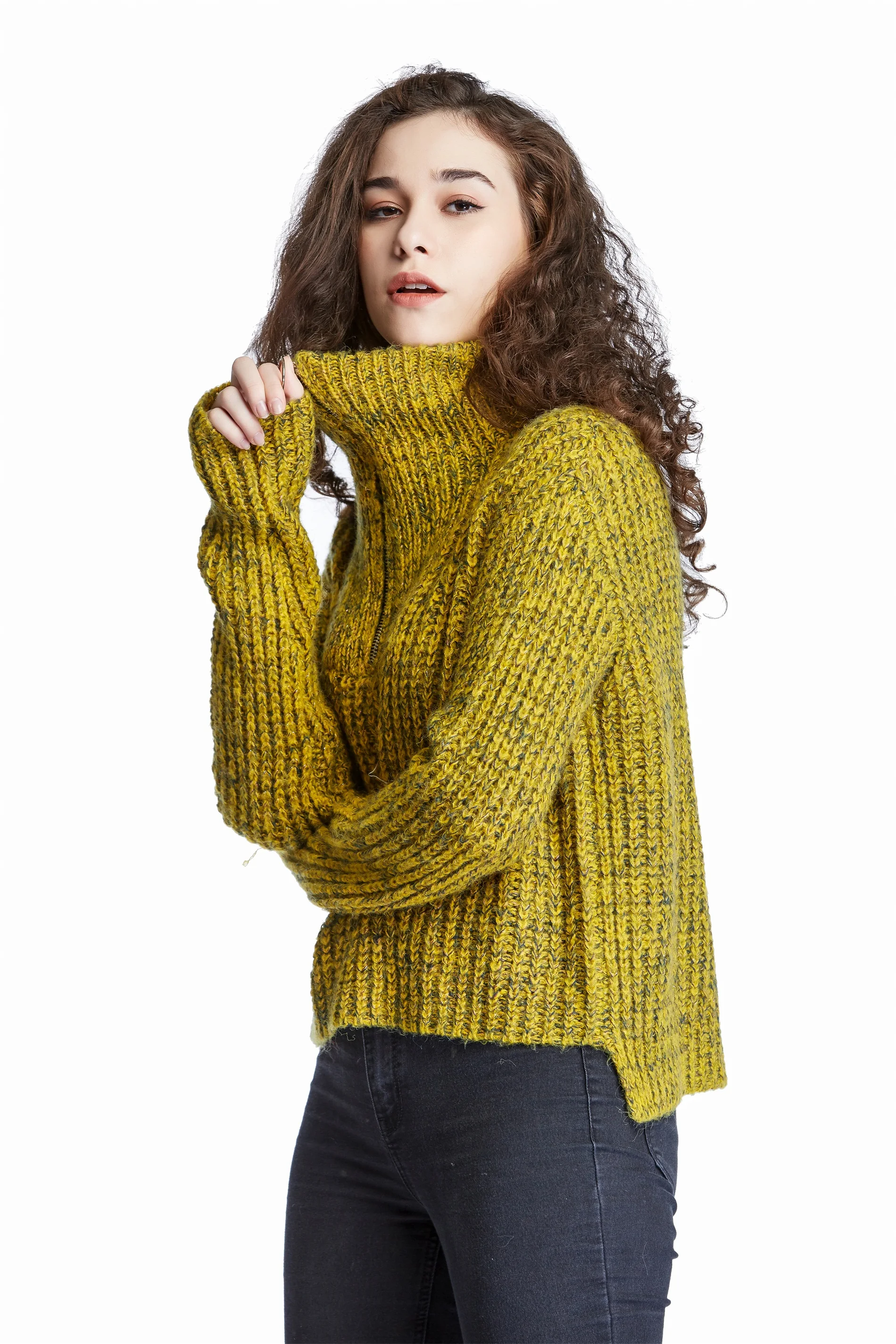 超大毛衣新款女士高领长袖纯色宽松针织冬季保暖空白套头衫拉链