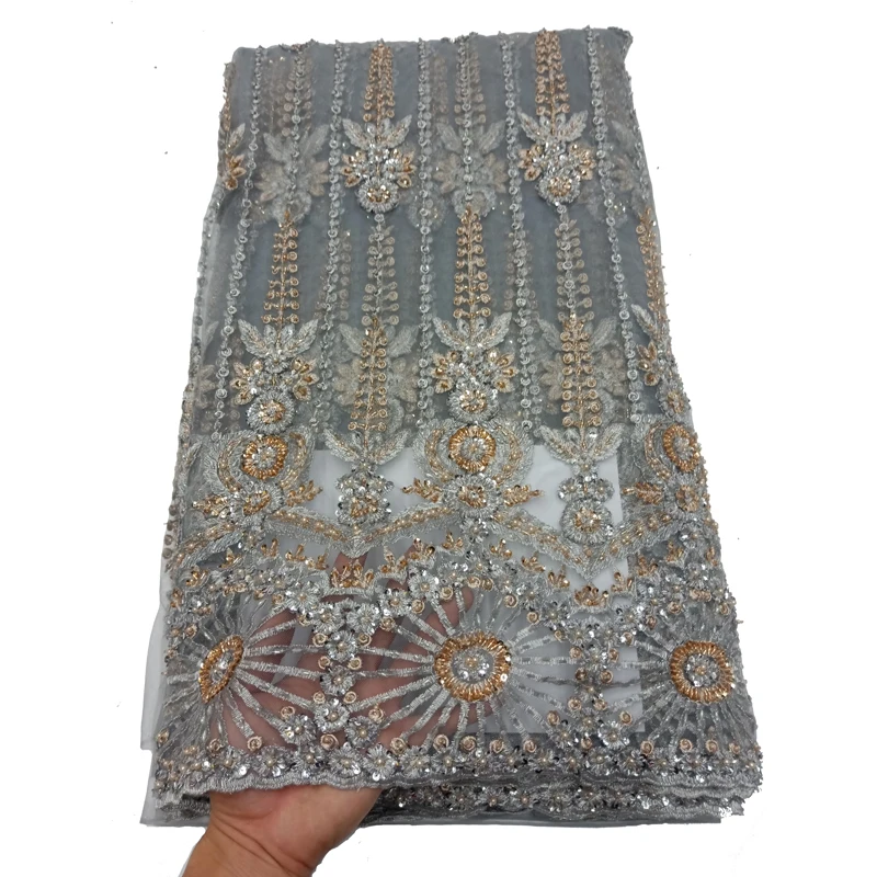HFX Luxury Sequin African French Tulle Dress Handmade Beaded Embroidery Lace Fabric for Party
