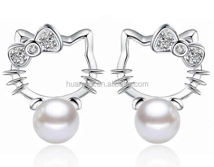 

925 Sterling Silver Jewelry Wholesale Sweet Pastoral Cat Pearl Earring, As picture