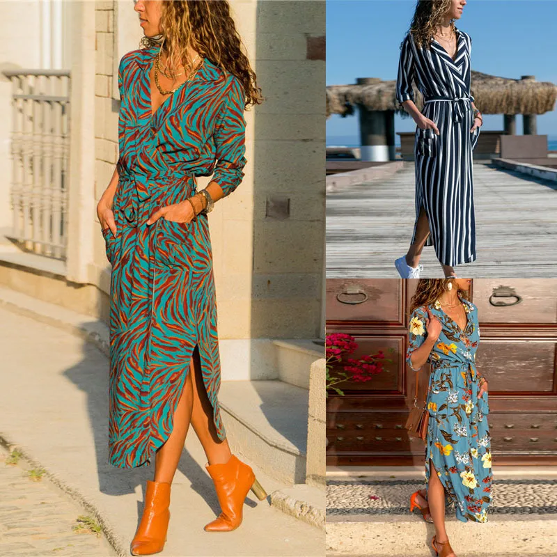 Women Floral Print Summer Maxi Bohemian Dress Long Sleeve Office Shirt Dress