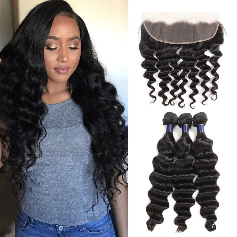 

Brazilian Loose Deep Wave Bundles with Closure 9A Cuticle Aligner Hair Wholesale Brazilian Virgin Hair With Closure, Natural black