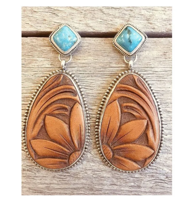 

2019Fashion Retro Silver Turquoise Brown Sunflower Drop Earrings, As photo