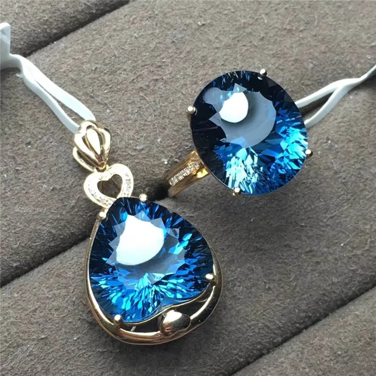 

Vietnam Women 18k gold South Africa real diamond natural London blue topaz necklace pendant Ring Jewelry Set