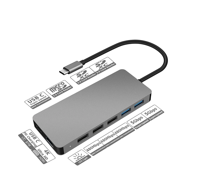HYD-9845T Aluminium alloy 11 in 1Type c HUB with3.0 card reader 4k ultra HD PD charging 87W 5Gbps super speed data transmission - ANKUX.COM