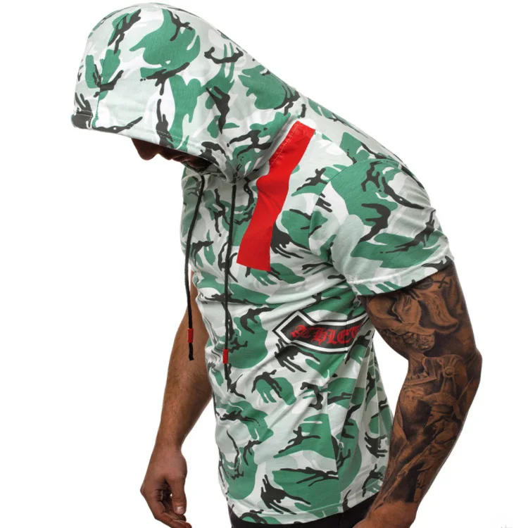 

2019 summer Men printing Short sleeve Camouflage Fitness Muscular man Color matching hoodie T-shirt GYM clothes Sweatshirt Tees, Colors