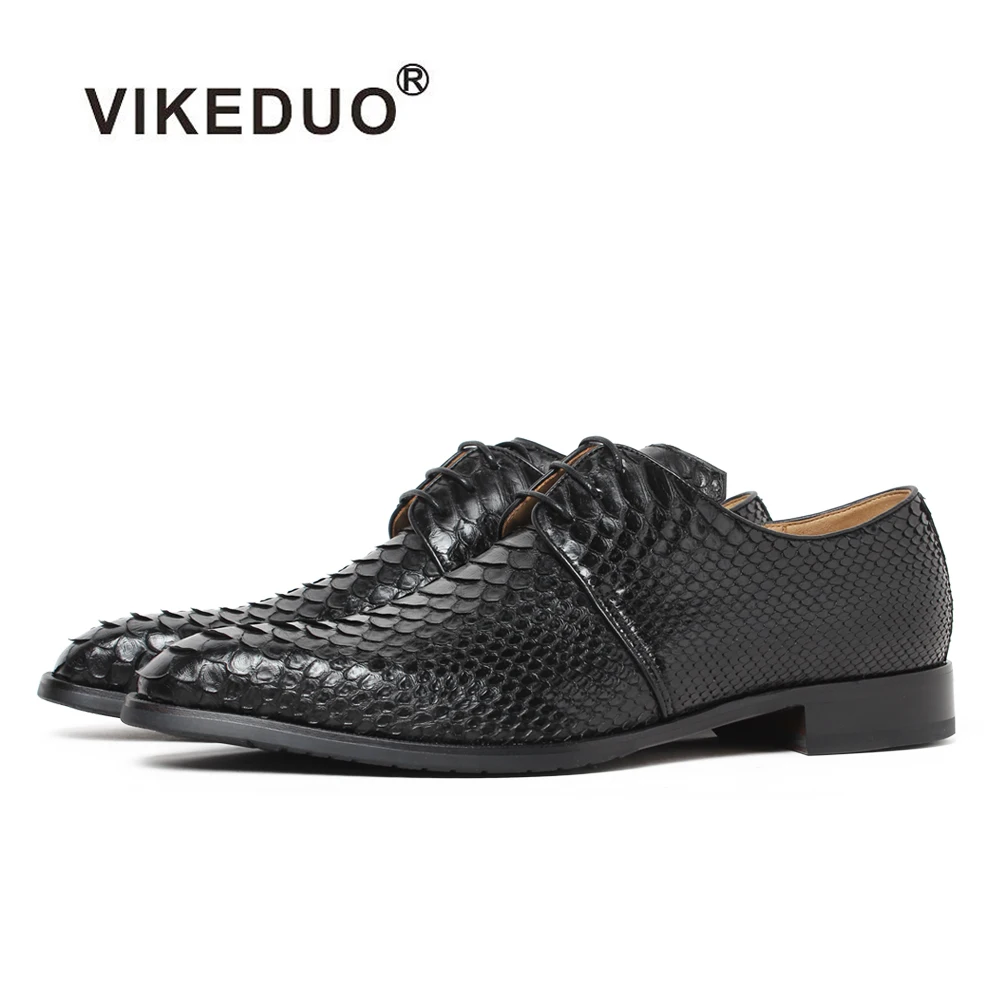 

VIKEDUO Hand Made Unique Taste Comfortable Python Formal Shoes Leather Snake Skin Derby Shoes For Man, Black