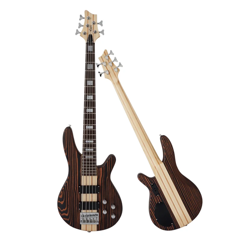maple neck through body style matt natural zebrawood body 5-string bass guitar electric