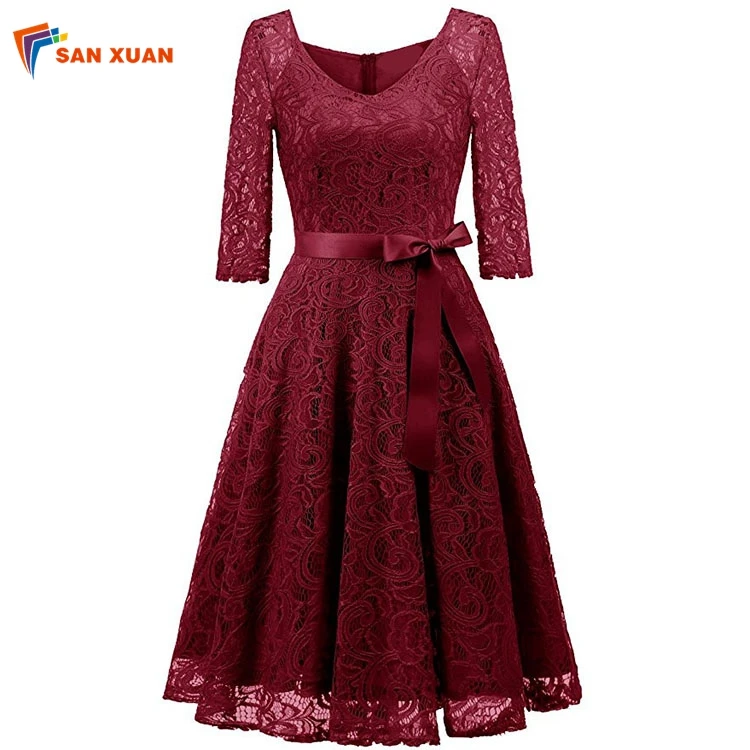 High Quality 2019 New Oem Fashion Latest Design V Neck Three-quarter Length Sleeves Graceful Casual Lace Women Casual Dress