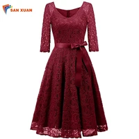 

High Quality 2019 New Oem Fashion Latest Design V Neck Three-quarter Length Sleeves Graceful Casual Lace Women Casual Dress