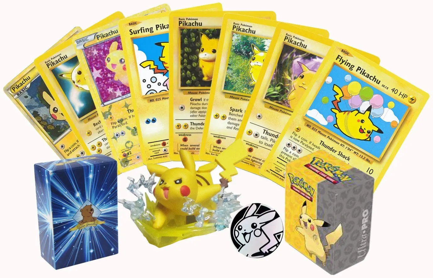 Pokemon Super Pikachu Bundle Featuring Flying Pikachu And Surfing Pikachu Includes Coin Pikachu Deckbox Figure May Include Rares And Foils