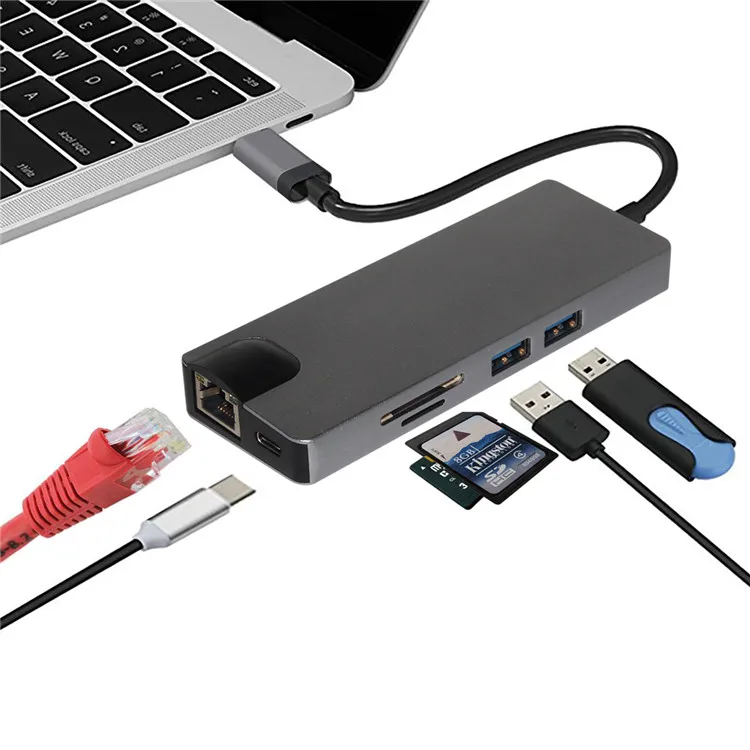 TC108H 8 in 1 Combo USB Type C Adapter Hub with HD4K + VGA Port + USB-C + RJ45 Gigabit Ethernet + Dual USB + SD TF for Macbook