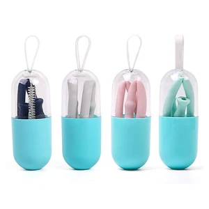 Image of Collapsible Straws, 4 Pack Reusable Silicone Straws with Case BPA-Free Folding Drinking Straws with Cleaning Brush