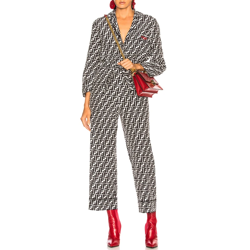 

OEM Women Logo Print Allover Belted Pajama Jumpsuit