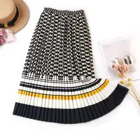 

2019 spring Fashion New Black White Dot Contrast Color Pleated Elastic High Waist Skirt Female's dress