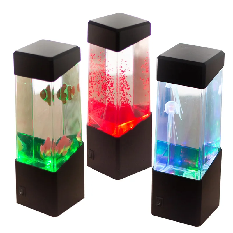 

New Beautiful Jellyfish Tropical Fish Aquarium Tank LED Light Relaxing 3 Styles Jellyfish Tropical Fish Volcano, Black+clear