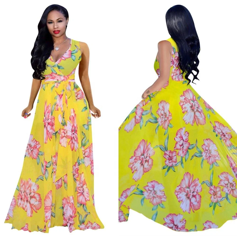 

Women's Fashion sexy floral print spaghetti strap sleeveless long maxi dress