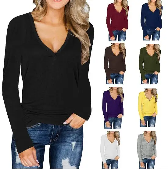 

Ecowalson Womens Deep V Neck Long Sleeve Henley Shirts Button Up Knit Tunic Top Blouse