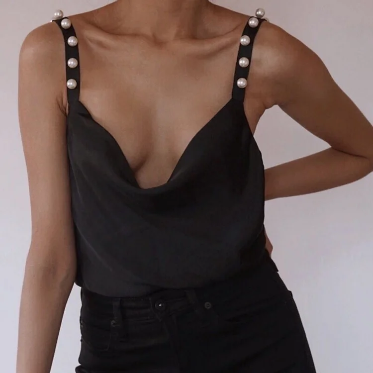 

ORHYME Sexy Low Chest halter pearl strap blouse