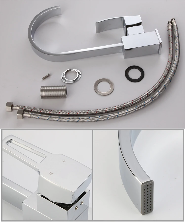 Flat square column copper chrome single hole kitchen sink faucet