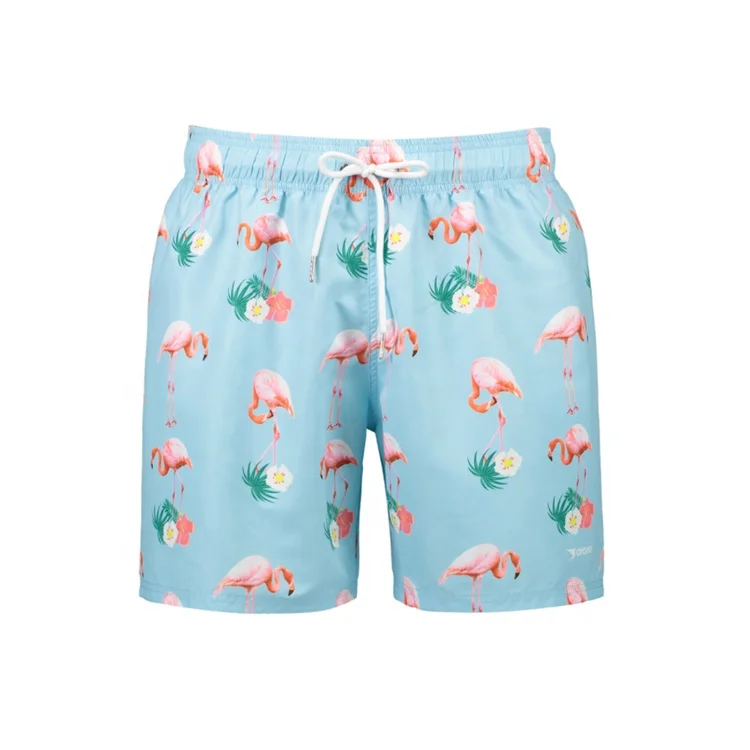 

Custom Fashion Design Sublimation Printed Mens Peach Skin Flamingo Swim Trunks Beach Shorts Swimwear, Can follow your pantone color