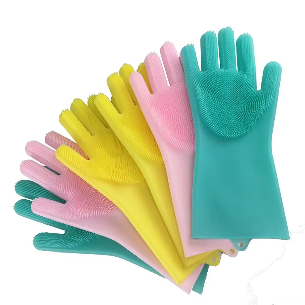 

High quality food grade magic silicone dish washing gloves with scrubber manufacturer in China, Pink;blue;green;grey;etc