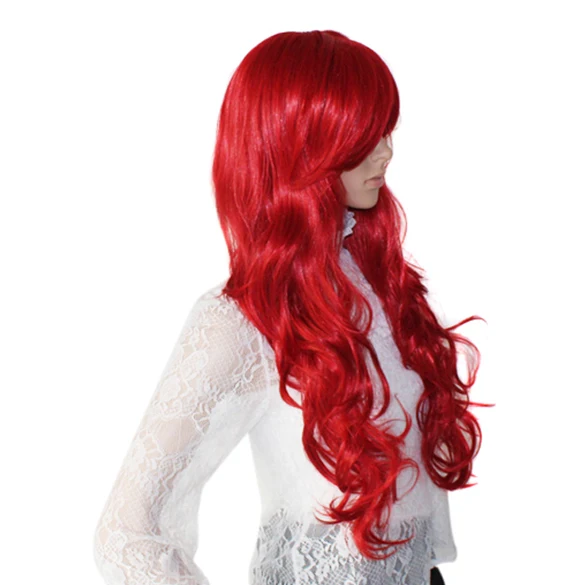 Выдающийся женщин искусственного наклонена взрыва прическа длинные волны парик для ну вечеринку косплей вино красное высокое качество