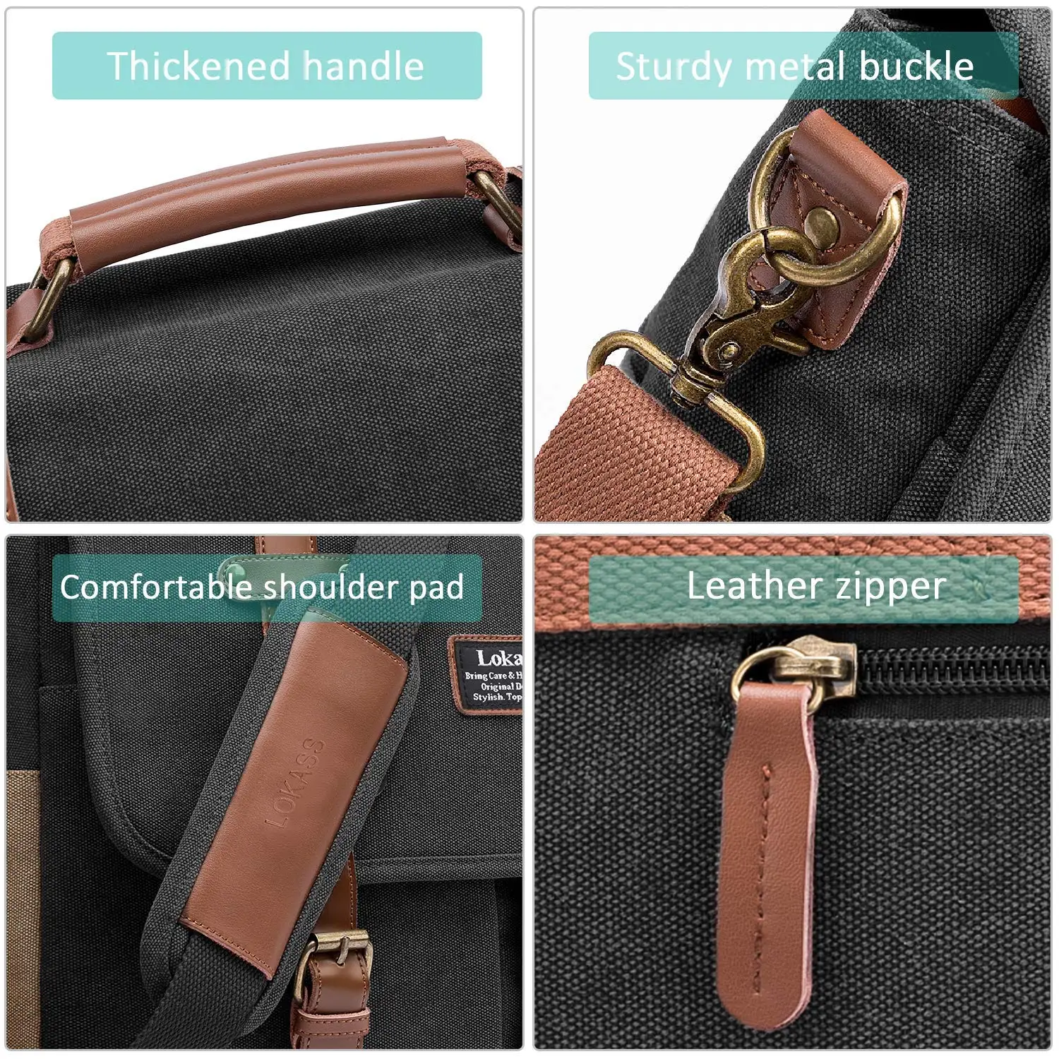 Lokass 15.6 Inch Laptop Shoulder Bag Canvas Genuine Leather Business