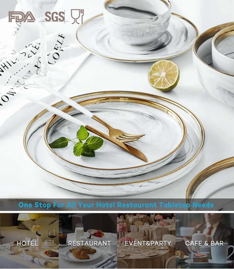 FDA&LFGB Food Grade Paint High Temperature Crockery For Restaurants America Golde Tableware, Dinner Set Marble&