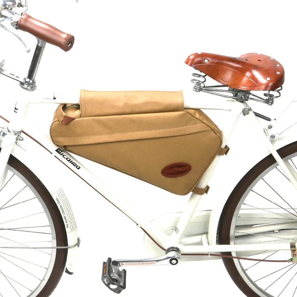 

Tourbon triangle bike bag canvas and brown leather saddle bags/waterproof front frame bicycle triangle bag, Oem