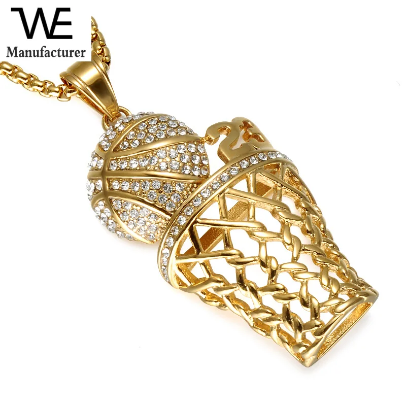 

Hip Hop Iced Out Bling Full Crystal Men Basketball Pendants Gold Stainless Steel Sports Necklace for Men Jewelry