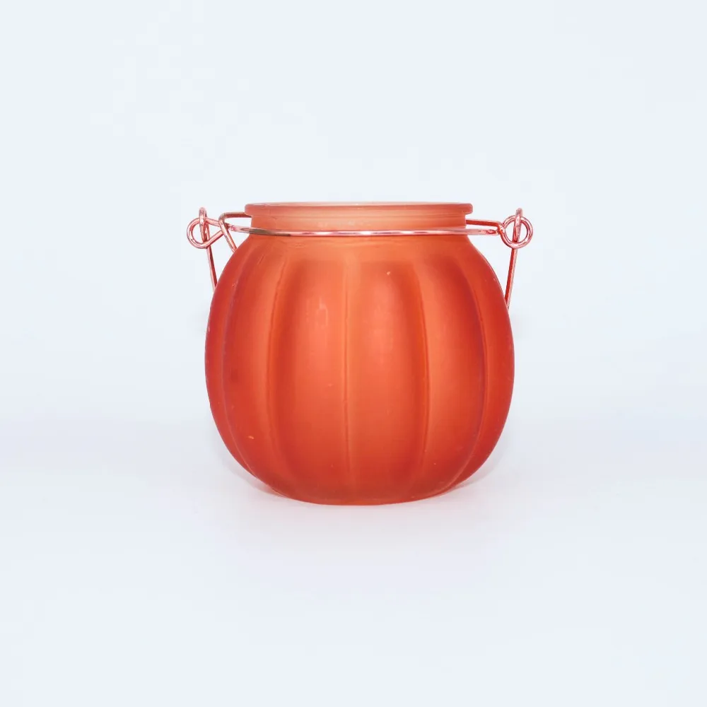 Hanging Cheap Frosted Pumpkin Shape Glass Jar With Metal Handle - Buy