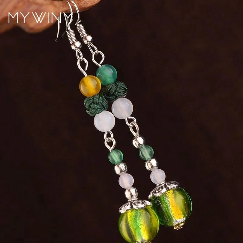 

new handmade braided vintage pendants Aventurine earrings yellow ,New Original nature stones exotic jewelry agate earrings,