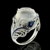 European Vintage Brilliant Moonstone Flower Ring Silver Plated Pave Blue Cubic Zirconia Flower Ring